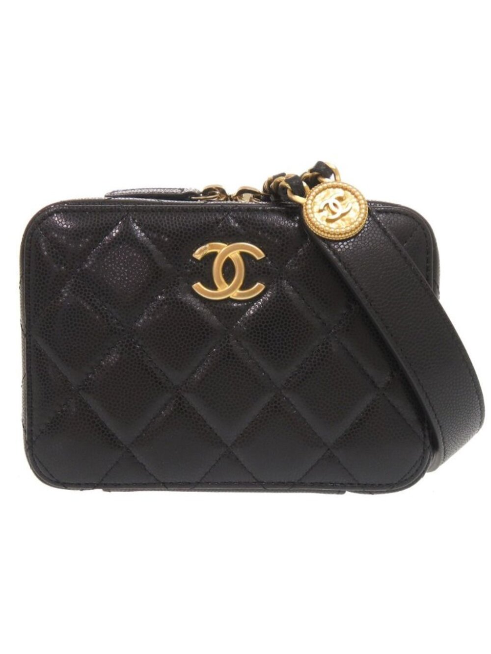 Chanel CC Logo Quilted Mini Camera Bag Caviar Leather Black Gold Chain